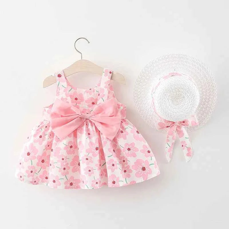 Summer Newborn Baby Clothes Toddler Girl Clothes Cotton Beach Suspender Dress+Sun Hat Princess Dresses