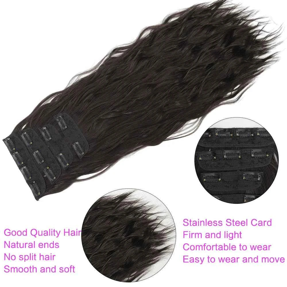 Voluminous Brown-Blonde Clip-In Extensions: 60.96 cm Wavy & Curly Synthetic Hair Set