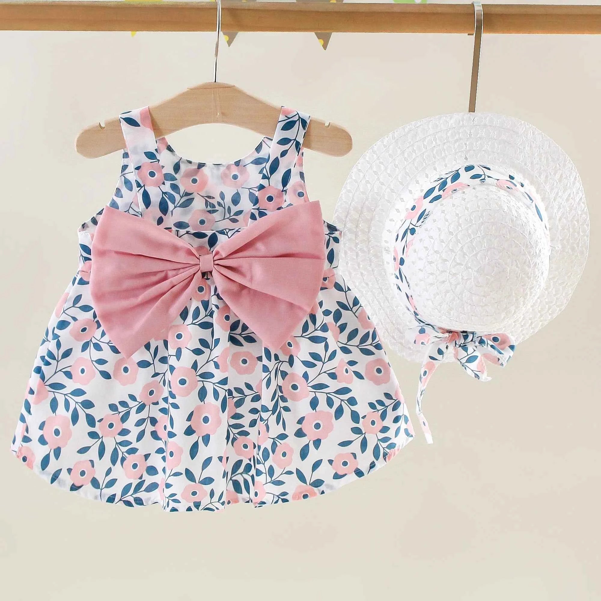 Summer New Girls Dress Halter Ribbon Ribbon Full Print Floral A-line Dress Birthday Party Team Dress + Hat Bow Ribbon