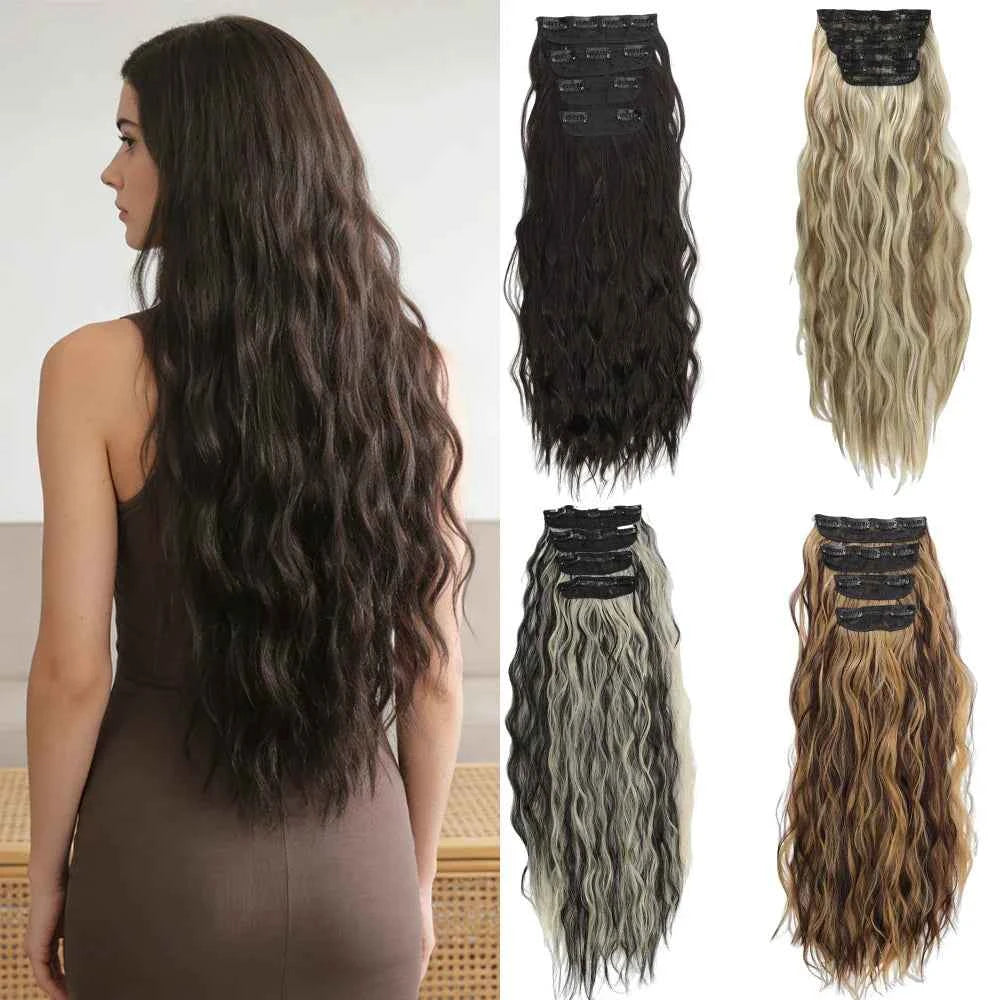 Voluminous Brown-Blonde Clip-In Extensions: 60.96 cm Wavy & Curly Synthetic Hair Set