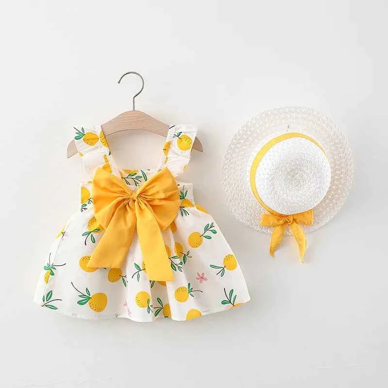 2Pcs/SetSummer girls dress children's clothing new small suspender bow orange print vest skirt with hat as a gift