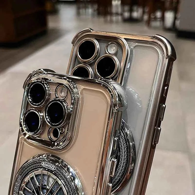Luxury Plating  Airbag Shockproof Case For iPhone 16 Pro Max 11 12 13 14 15 Pro Max For Magsafe Rotating Gyro Stand Phone Cover