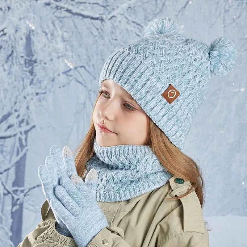 New Children Hats Scarf Gloves Set Cute Bear Colorful Knitted Hat Plus Velvet Warm Hoods Caps for Girls Baby Outdoor Accessories
