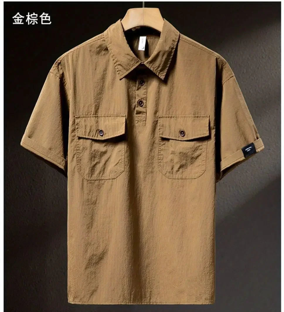 Summer Ice Silk American High-end Workwear Short-sleeved Shirt Men’s Gray British Trendy Retro Loose T-shirt Polo Shirt
