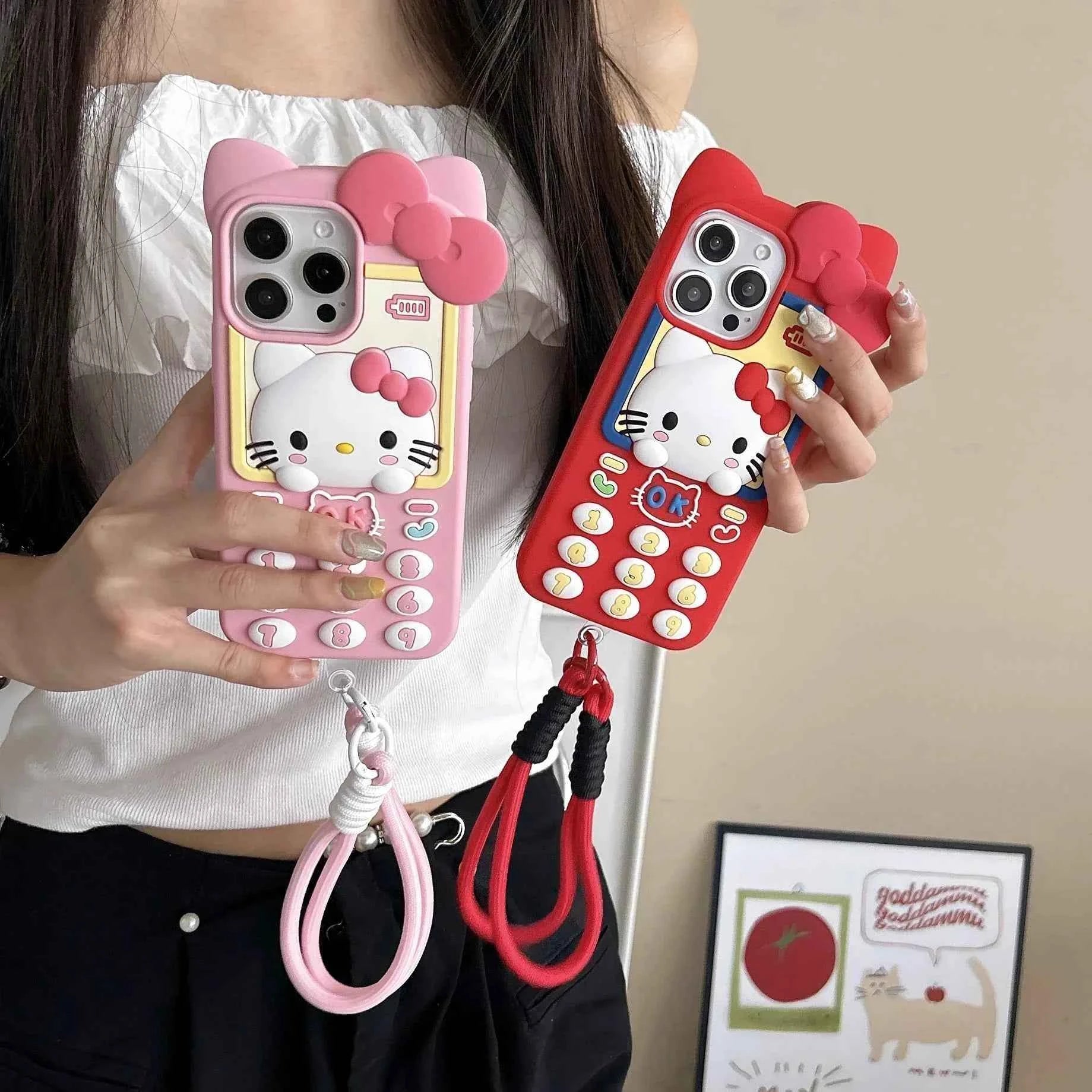 Cute 3D Telephone Hello Kitty Phone Case for iPhone 17 16 15 14 13 Pro Max Plus 17 Pro Cartoon Soft Silicone Cover with Lanyard
