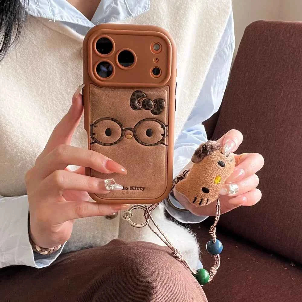 Brown Cute Leather Leopard Print Glasses KT Phone Case Suitable For iPhone 14 Pro 15 16 17 Pro Max Shockproof Protective Case