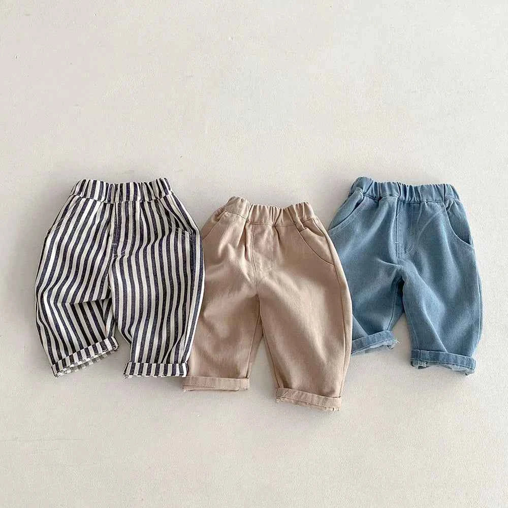 Kids Tapped Casual Striped Pants 0-5T Girls Boys Fashion Stripe Trousers Children Solid Denim Jeans Britches