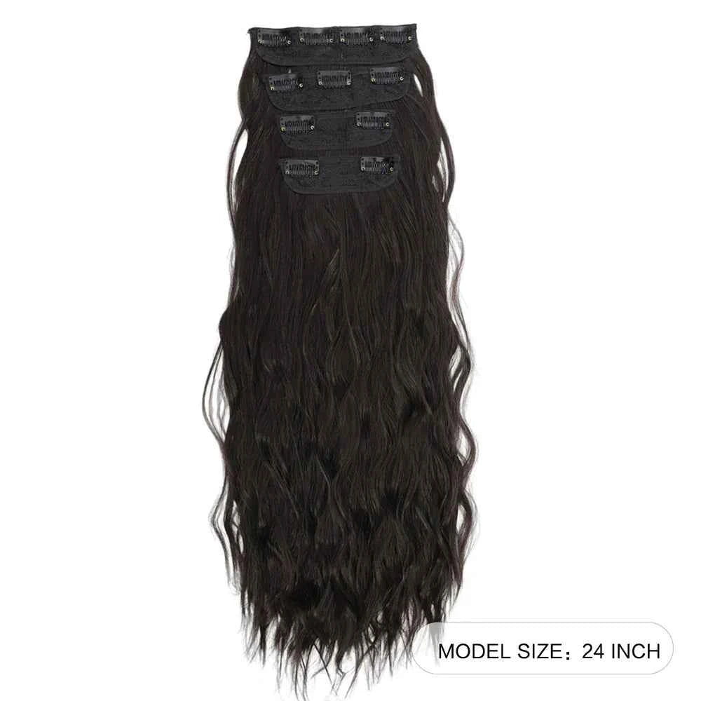 Voluminous Brown-Blonde Clip-In Extensions: 60.96 cm Wavy & Curly Synthetic Hair Set