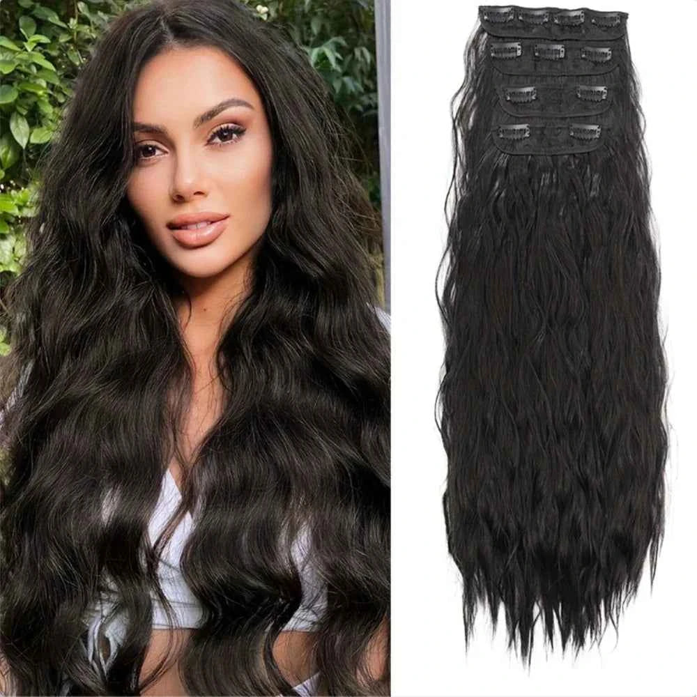 Voluminous Brown-Blonde Clip-In Extensions: 60.96 cm Wavy & Curly Synthetic Hair Set
