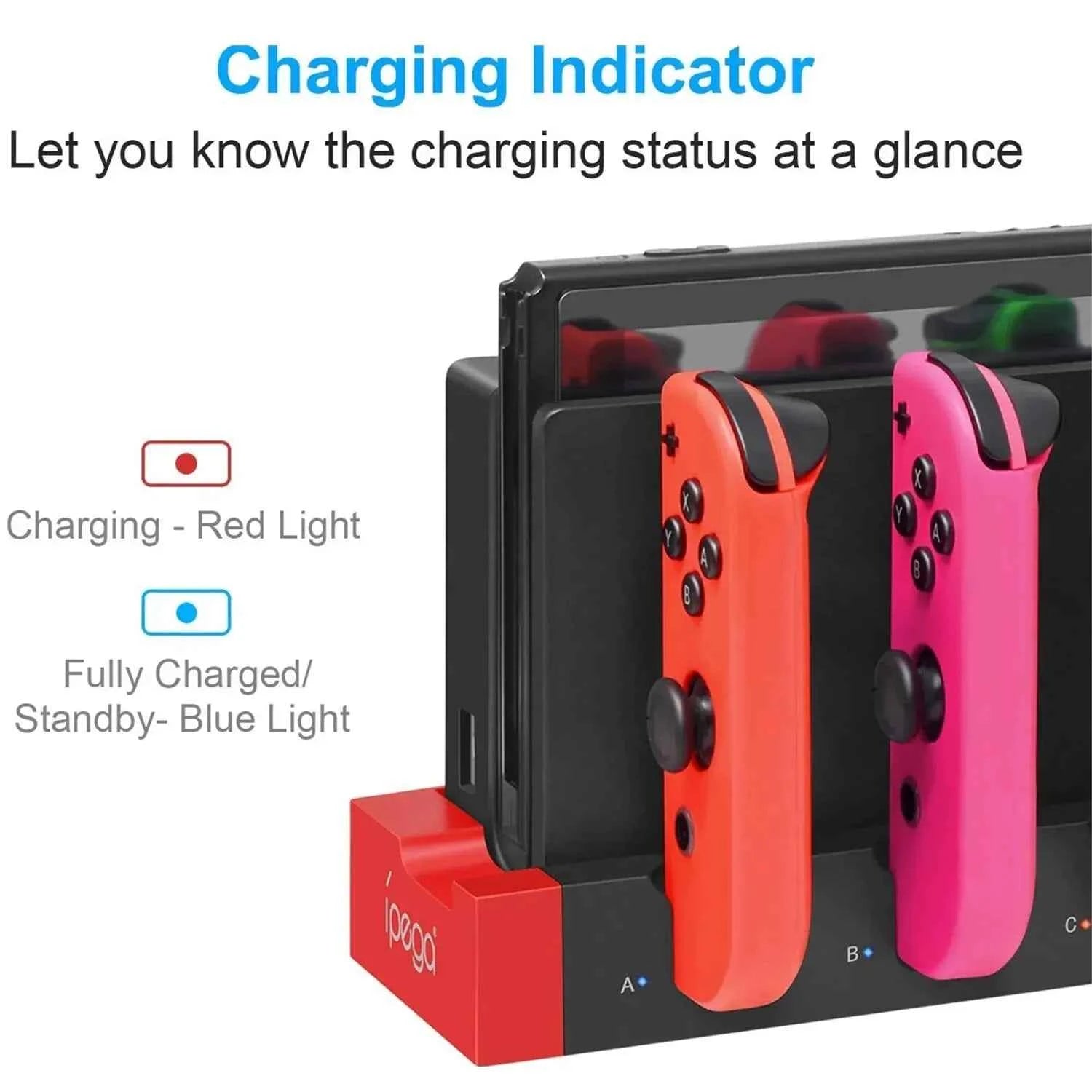 IPEGA PG-9186 Joycon Charging Dock Station for Switch&OLED - Charges Up To 4 Controllers, Compatible with Switch and OLED Model