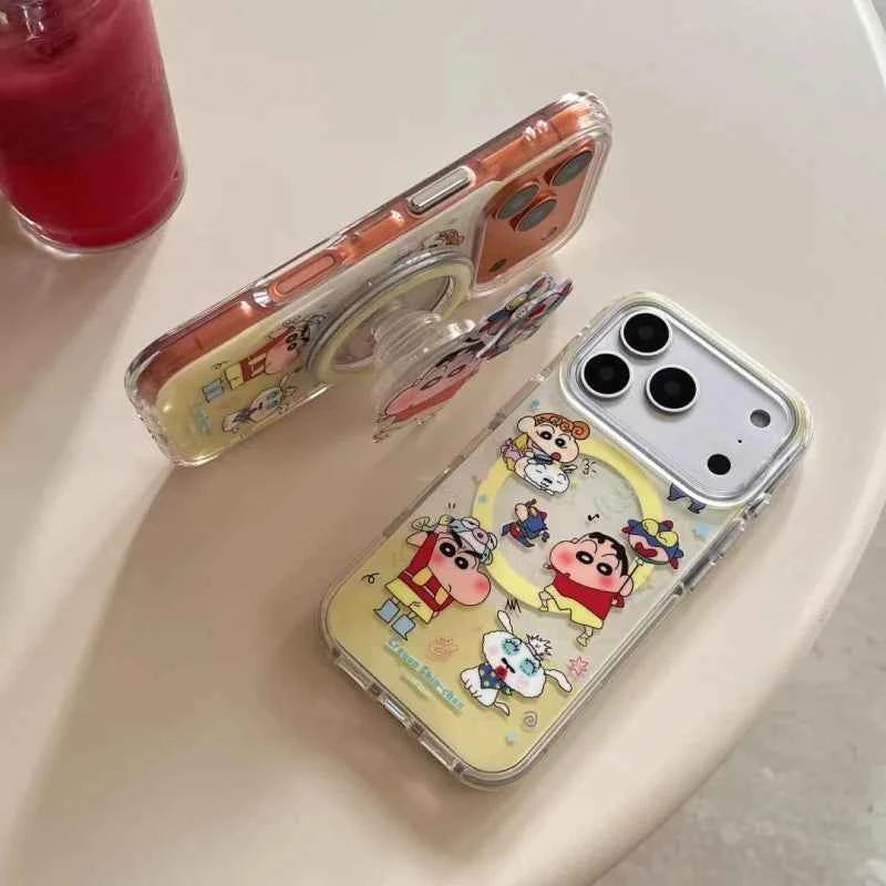 Cute Crayon Shin-chan Magsafe Wireless Charge Case For iPhone 13 14 15 16 17 Pro Max Cartoon Superman Shin-chan Magnetic Stand