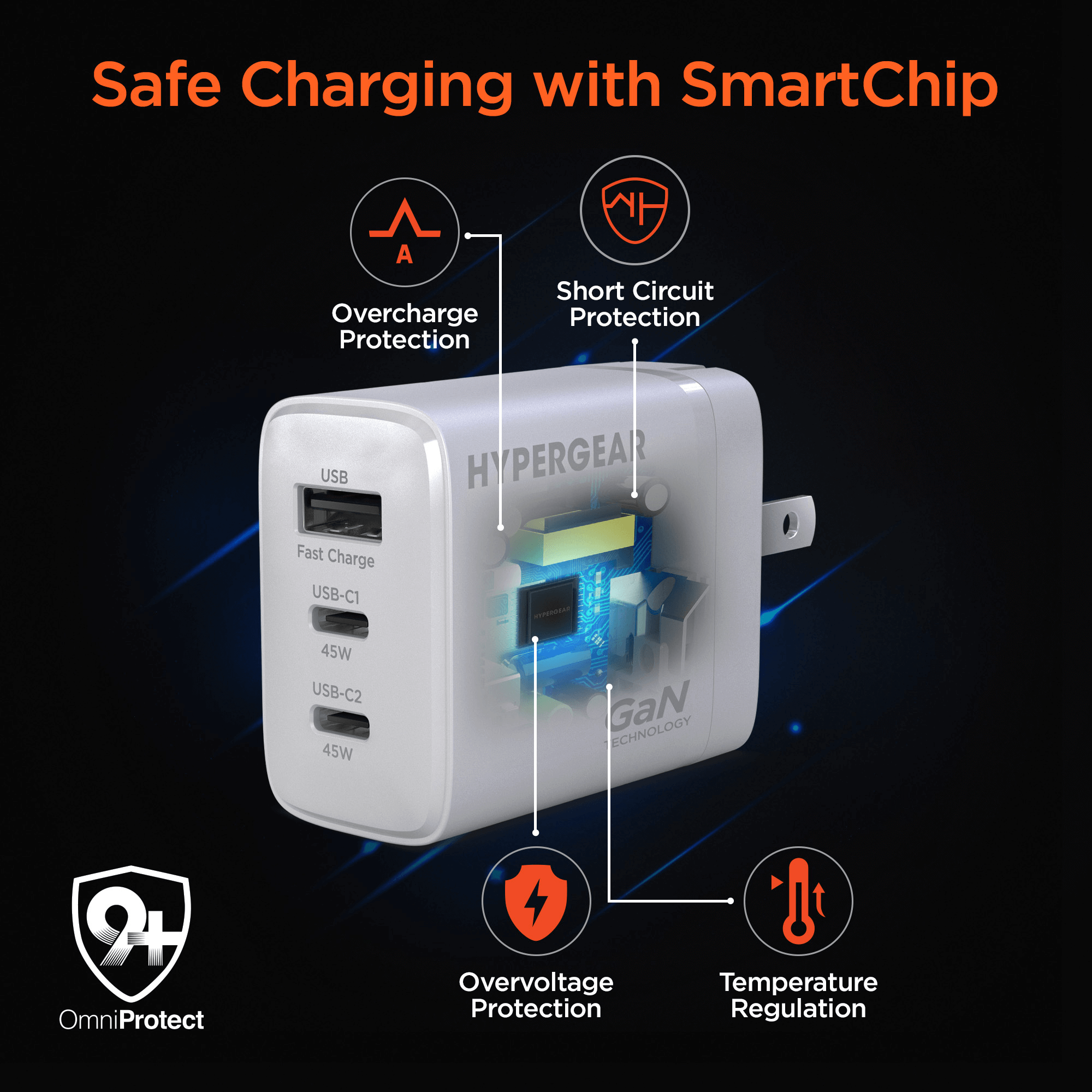 HyperGear SpeedBoost 45W USB-C PD Tri-Port GaN Fast Wall Charger with PPS and 6ft USB-C Cable