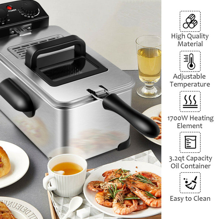 3.2QT Electric Stainless Steel Deep Fryer with Timer