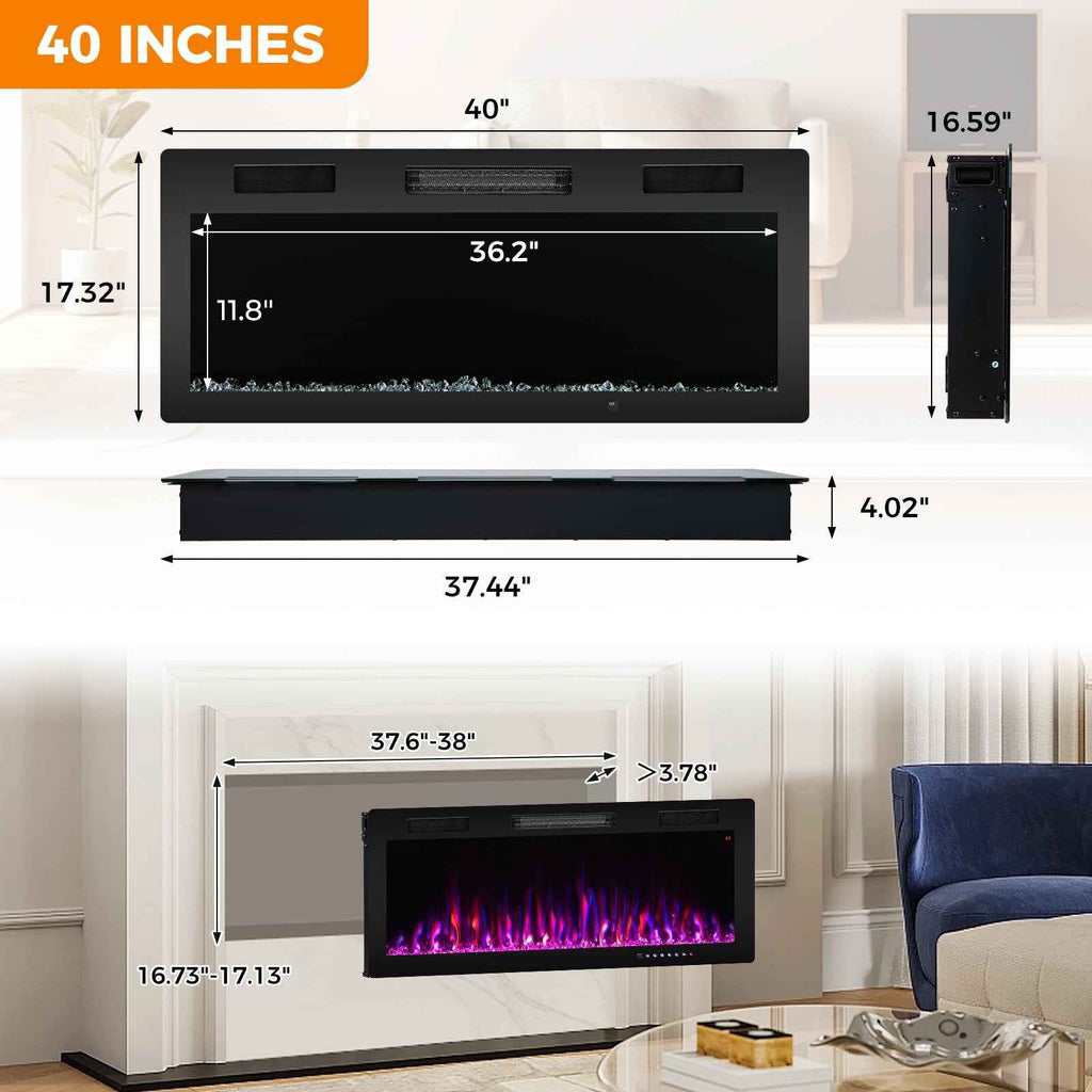 Electric Fireplace 40/50/60-Inch Recessed & Wall Mounted