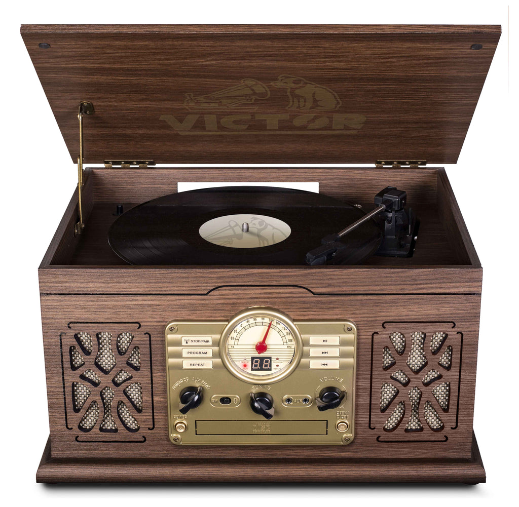 Victor State 7-in-1 Wood Music Center with 3-Speed Turntable and Dual Bluetooth