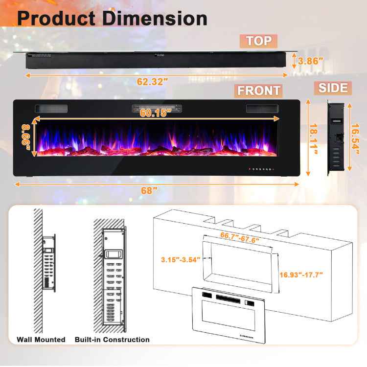 68-Inch Ultra-Thin Recessed Electric Fireplace