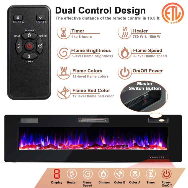 68-Inch Ultra-Thin Recessed Electric Fireplace